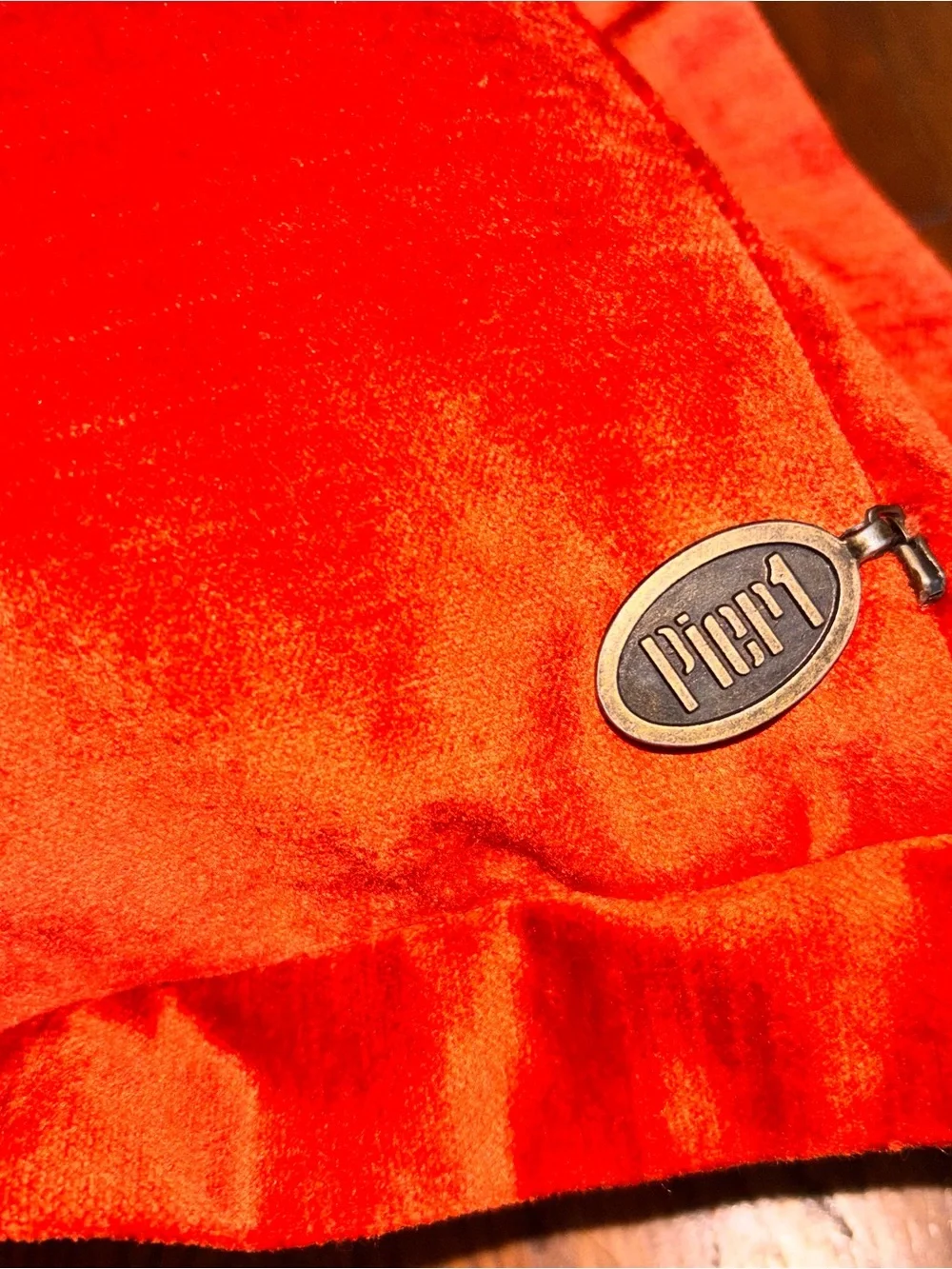 Vintage Pier 1 Orange Velveteen Pleated accent Pillow Brass Studs Duck down fill
